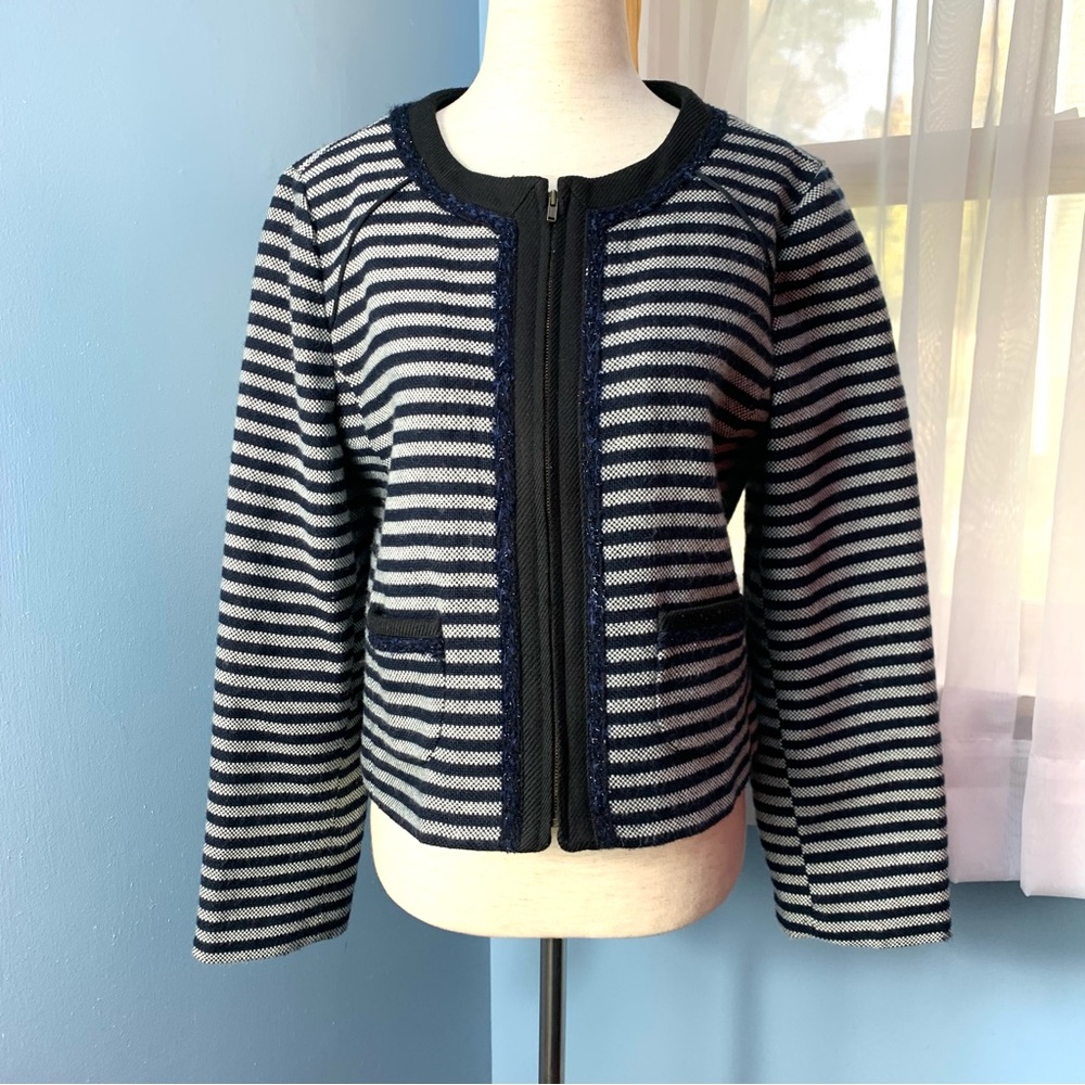 J. Crew Suiting Navy Striped Tweed Zip Front Cropped Jacket - Picture 2 of 11